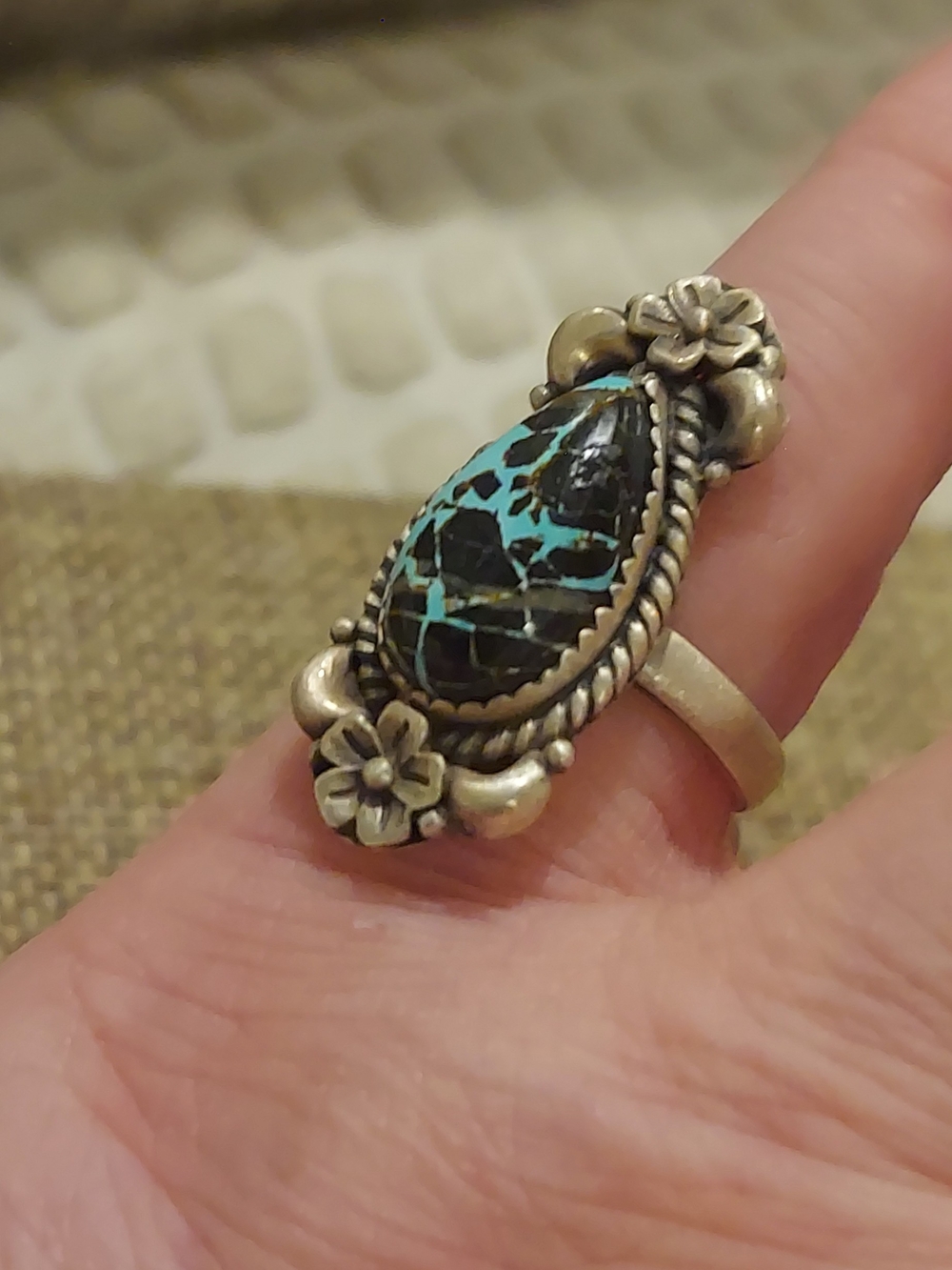New Brushed Sterling Silver & Blackjack Turquoise Adjustable Ring - Picture 9 of 13